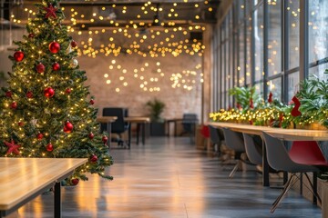 Obraz premium Modern office space is decorated for the holidays with christmas trees, lights, and festive cheer . celebration,