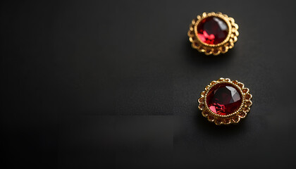 Stylish studs on black background, space for text. Luxury jewelry