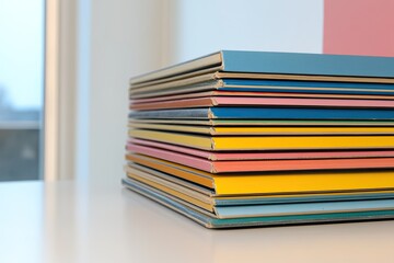 close-up photo of colorful stack of vinyl record covers with retro typography neatly displayed on clean white table