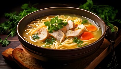 a warm and comforting bowl of chicken noodle soup with tender chicken, noodles, and an assortment of vegetables, served in a ceramic bowl