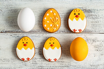 Painted eggs and easter gingerbread cookies in shape of chicks over white wooden background. Overhead view, flat lay. Festive food background, holiday symbol