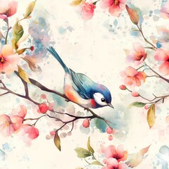 Colorful bird perched on a branch surrounded by cherry blossoms in a serene spring setting. Seamless Pattern, Generative AI