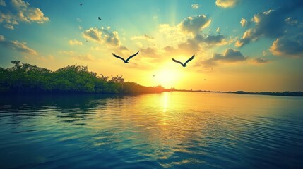 Obraz premium Birds Flying Over Calm Water at Sunset