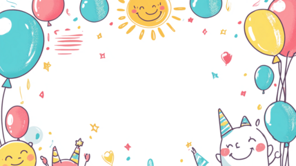 Frame with celebration balloons and cartoon elements transparent background png