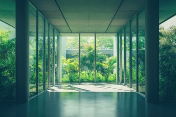 Obraz premium A modern interior with floor-to-ceiling glass walls overlooking a lush green courtyard filled with plants