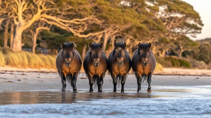 Four brown horses walking on a sandy beach towards the camera at sunset.