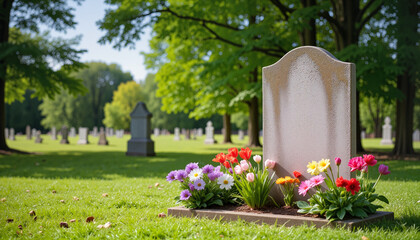 Serene weathered gravestone adorned with vibrant fresh flowers in a peaceful cemetery