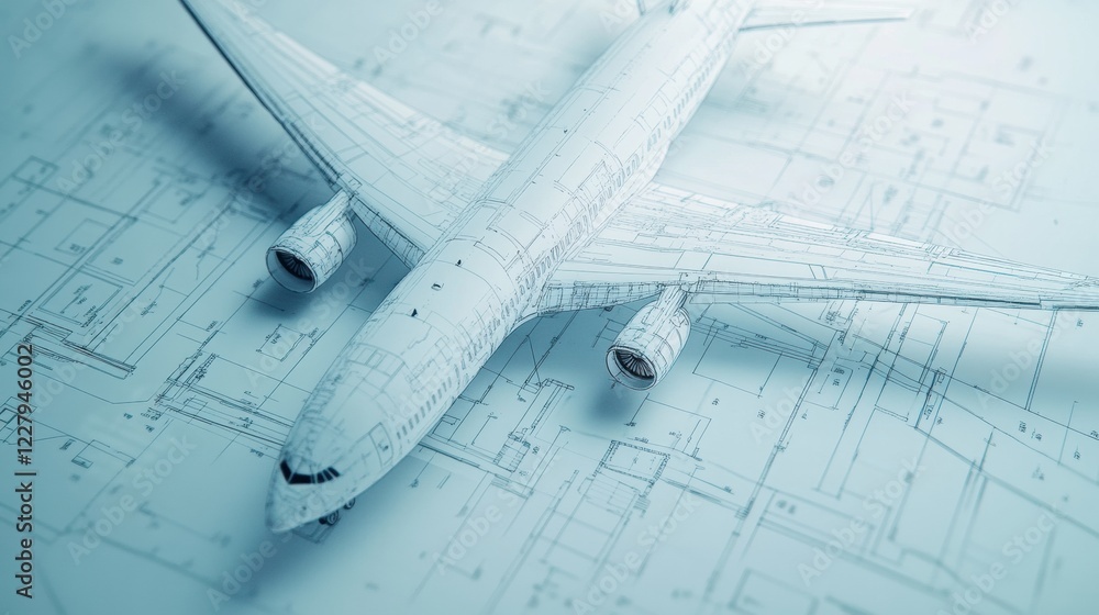 Fototapete blueprint design of an airplane featuring detailed specifications and technical elements for enginee