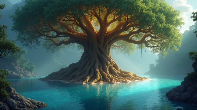 An enormous ancient tree with long roots extending into a sparkling blue lake