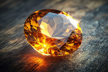 Radiant topaz stone shines on textured wooden surface with intricate cuts and golden hues reflecting warm light