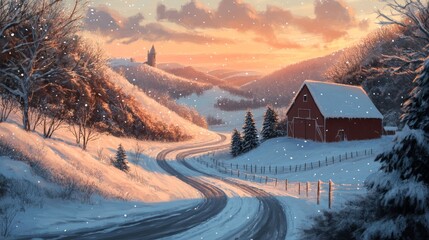 Winter snow field landscape with barn house vector scene. Country farm on snowy hill near tower. Countryside forest valley in december panorama view. Cold season nature scenery with empty road