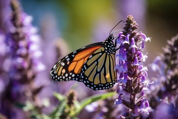 Obraz premium Monarch Butterfly Feeding on Mexican Sage Wildflowers: Close-Up with Shallow Depth of Field