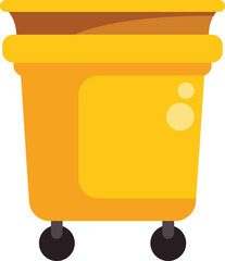 Large yellow trash can on wheels with the top lid open, standing upright and ready for disposal