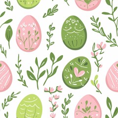 Colorful spring pattern featuring decorated eggs and floral elements for festive celebrations. Seamless Pattern, Generative AI