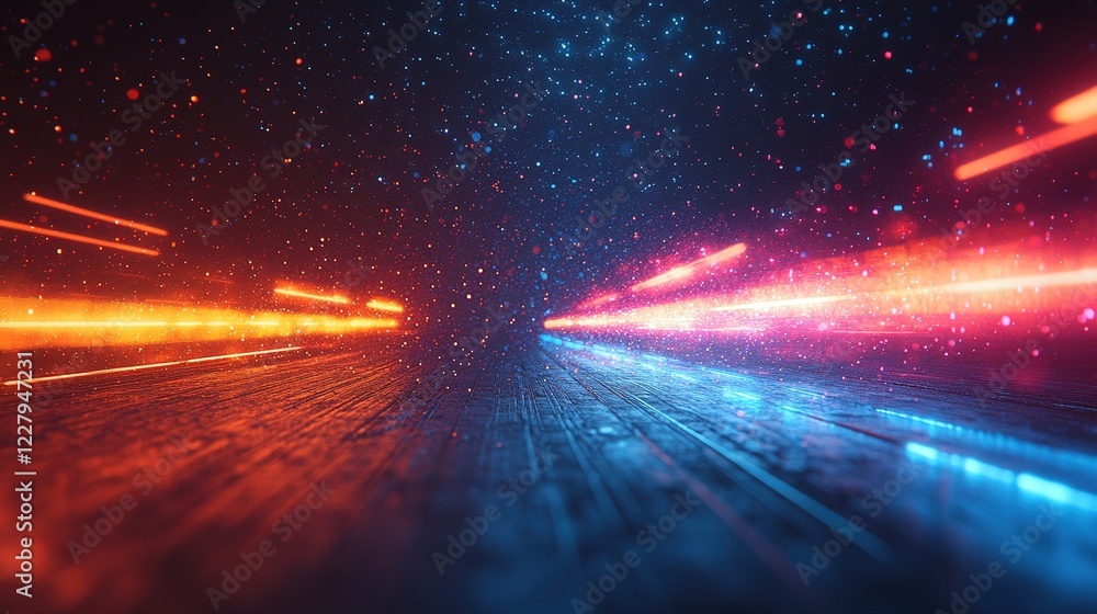 Poster neon light trails speed through dark digital space with data particles