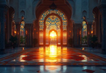 Obraz premium Sunset Through an Ornate Archway Inside an Elaborate Hallway, Casting a Warm Glow on the Floor