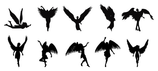 Set of female vector silhouettes with wings.