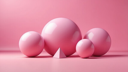 Fototapeta premium creative pink background with balls and small pyramid with copy space, concept of diversity, blend and contrsat