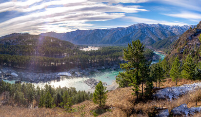 Panorama of Katun river not far from Chemal, Altai, Siberia, Russia, October