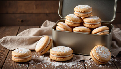 Classic alfajores stacked in a vintage tin box with powdered sugar on wooden surface