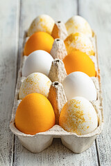 Painted easter eggs in a cardboard egg box over white wooden background. Side view, close up. Easter treat, holiday symbol