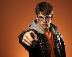 Nerdy Teen Male Pointing Finger Guns with Goggles and Humor