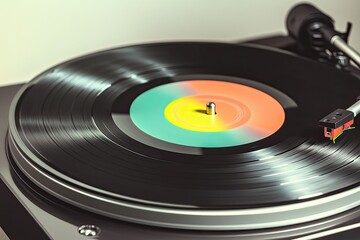 close-up of sleek record player with bold black-and-white design spinning colorful vinyl disc under soft light