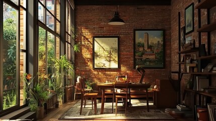 Sunlit Brick Loft Interior: A Serene Dining Room with Lush Greenery