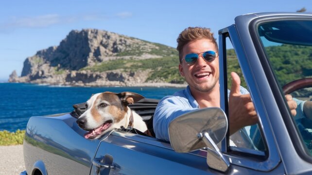 A joyful man driving a convertible car along a coastal road with his happy dog, enjoying the scenic ocean view