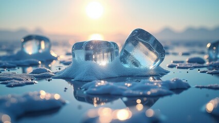 Fresh ice cubes melting on a reflective wet surface with mountains and sunlight	