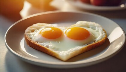 Heart-shaped fried eggs forming a smiling face on a breakfast plate