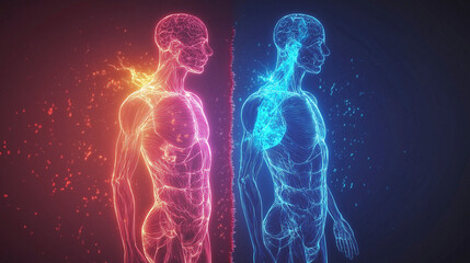 The outline of a healthy human body and a sick human body. Health. Nutrition. Dietary supplements. Biohacking