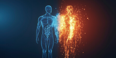 The outline of a healthy human body and a sick human body. Health. Nutrition. Dietary supplements. Biohacking