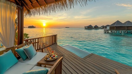 Fototapeta premium Tropical Sunset Overwater Bungalow Relaxation