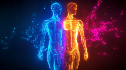 The outline of a healthy human body and a sick human body. Health. Nutrition. Dietary supplements. Biohacking