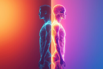 Naklejka premium The outline of a healthy human body and a sick human body. Health. Nutrition. Dietary supplements. Biohacking
