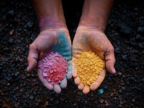 Two hands holding pigments of different colors.