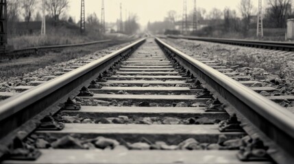 Fototapeta premium Black and white photo of railway tracks receding into the distance.