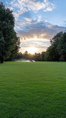 Obraz premium Sunlight casts a warm glow on a red tractor applying coating in a lush grain field during sunset, highlighting farm life.