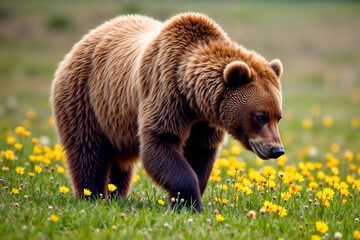 Obraz premium Brown bear walking through a spring meadow full of flowers