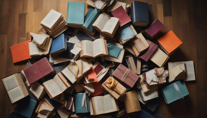 books piled chaotically on the table, open and closed, multi-colored covers, top view