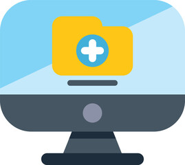 Modern desktop computer is displaying a medical folder icon, symbolizing online healthcare access and digital medical records