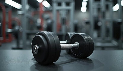 Fototapeta premium Black desk of free space for your decoration and blurred gym interior.Metal dumbbells and fit life