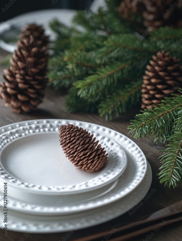 Poster a plate with a pine cone on it is set on a table. the pine cone is surrounded by other pine cones an