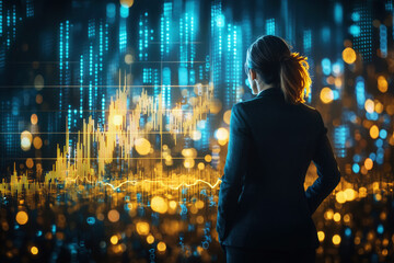 Person in suit celebrates success in front of digital graph showcasing impressive upward trend