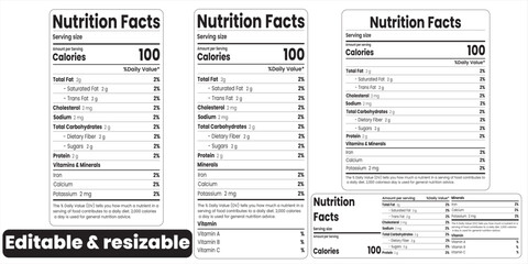 nutrition facts, nutrition facts label, nutrition label, nutrition, editable and resizable vector