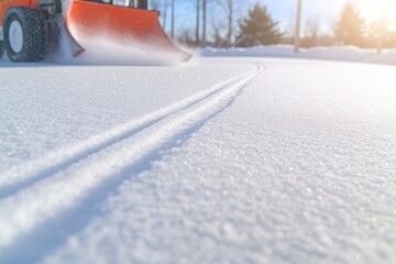 close-up of modern sidewalk snowplow clearing snow on public path under bright natural light with minimal distractions
