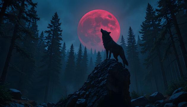 wolf howling at the red  moon