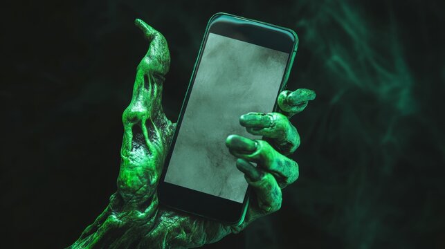 Green zombie hand holding mobile phone with blank screen. Halloween icons with creepy monsters arms with smartphone and open palm, 3d vector illustration isolated on transparent background
