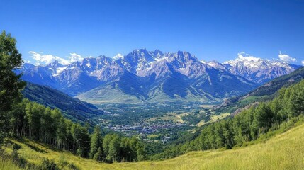 Obraz premium Mountain valley vista, sunny alpine landscape